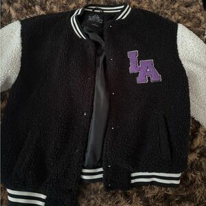 Black and White Varsity Jacket with Purple LA Patch